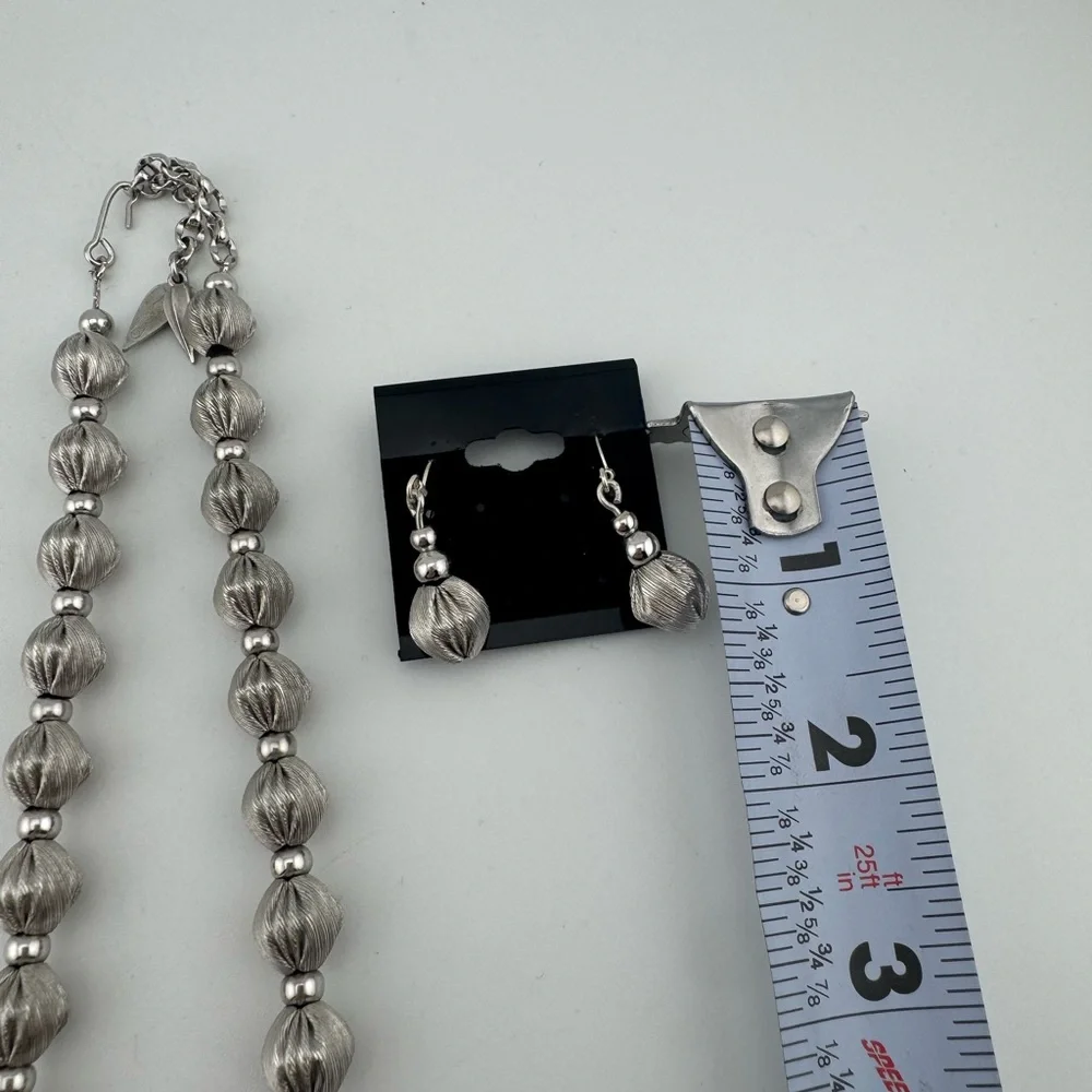 Whiting and Davis Vintage Brushed Silver Bead‎ Necklace And Earring Set